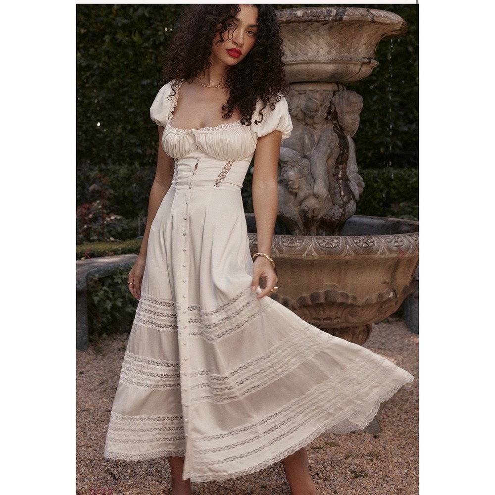 House of CB Eviana Ivory Lace Trim Satin Midi Dress L+ Plus Cup NWT